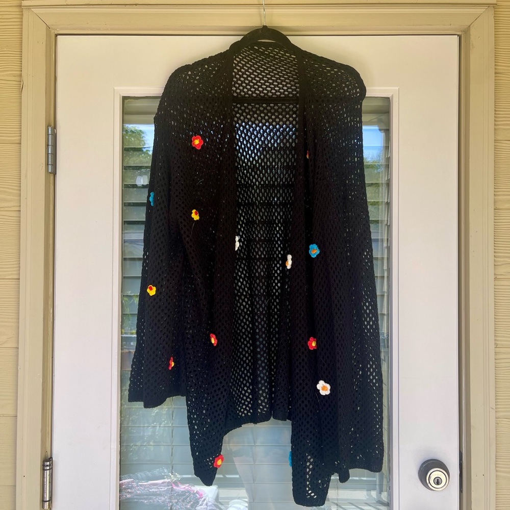 BloomChic Black Open-Knit Cardigan with Multicolor Floral Accents